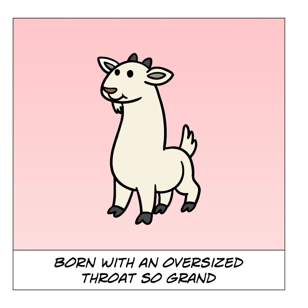 Book page: Becky as a young goat, born with an oversized throat so grand