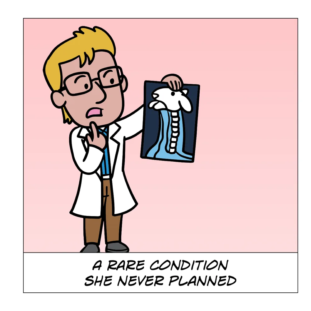 Book page: a doctor studies Becky's neck X-ray, a rare condition she never planned