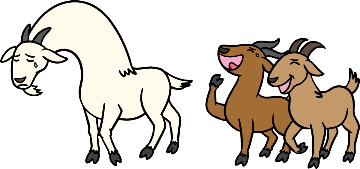 Becky looking sad while two male goats laugh