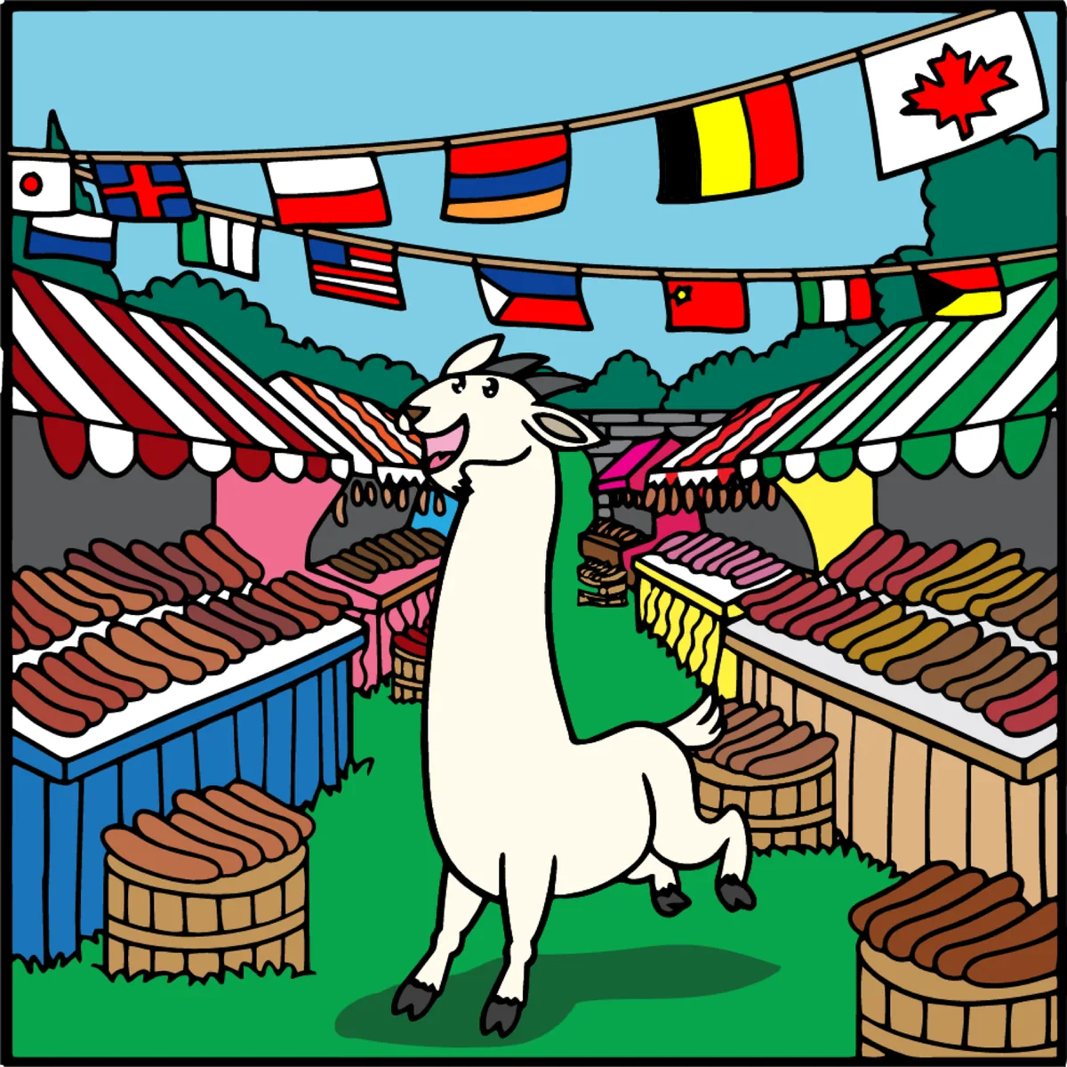 Becky trotting into the sausage festival under flags