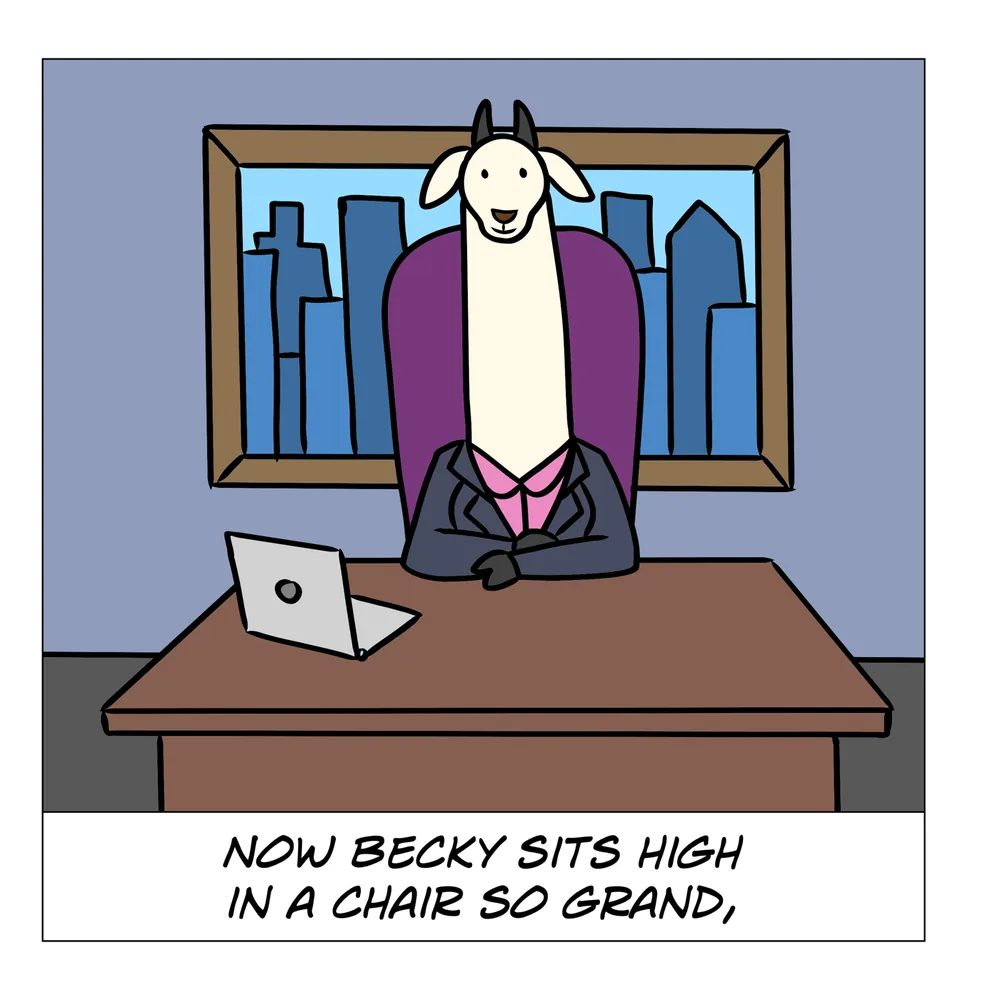 Becky in a suit at a big desk in a corner office